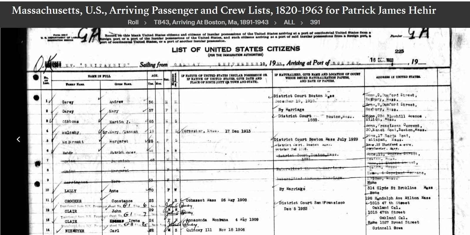 Patrick James Hehir Jr.-- Massachusetts, U.S., Arriving Passenger and Crew Lists, 1820-1963(10 sep 1933)