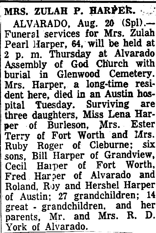 Zulah P. Harper's Obituary