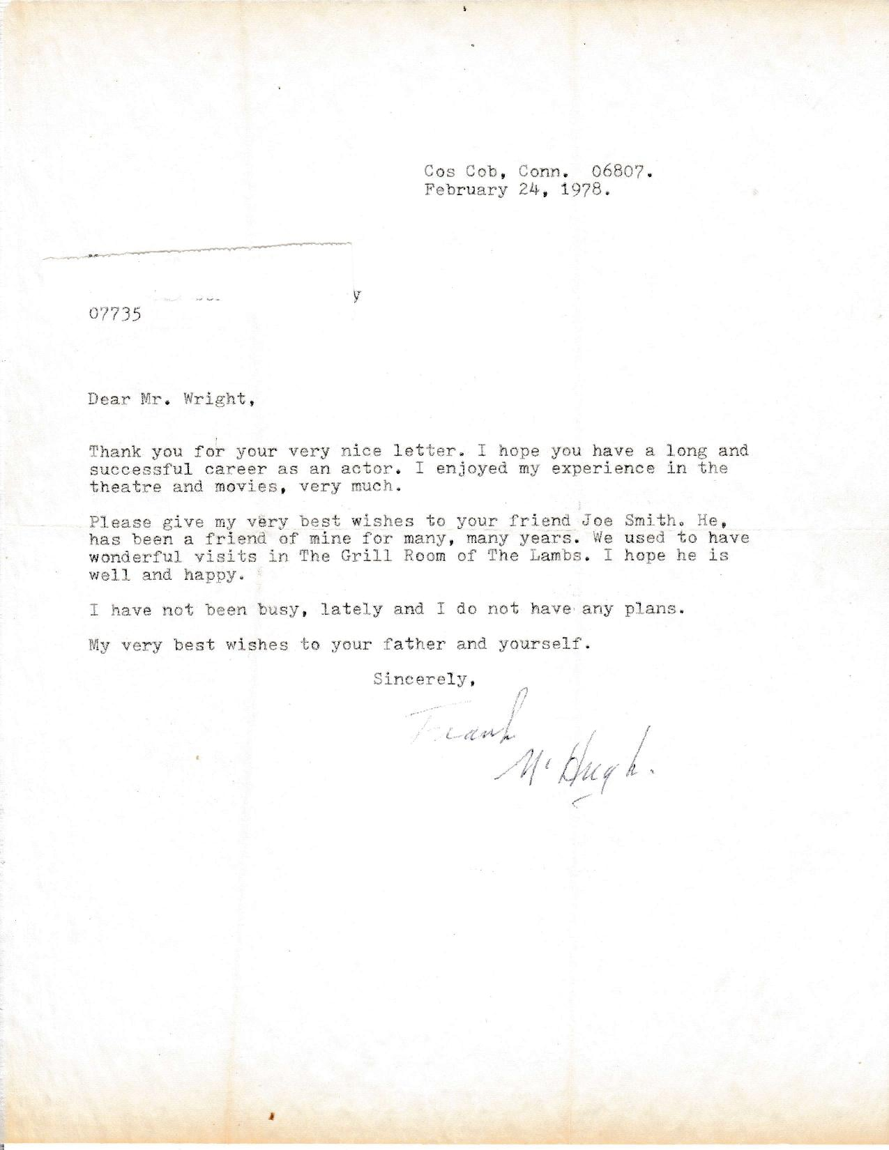 Letter to actor, Michael Townsend Wright.