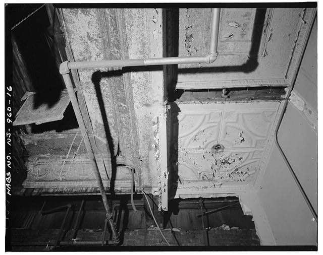 16. Interior, fragments of pressed metal ceiling at first...