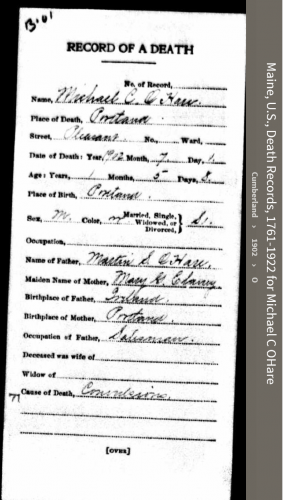 Michael Charles O'hare--Maine, U.S., Death Records, 1761-1922(1902)