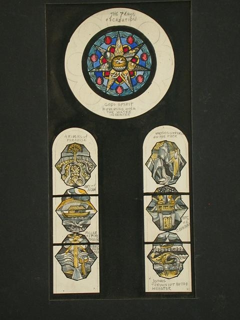 [Design drawing for stained glass window with themes from...