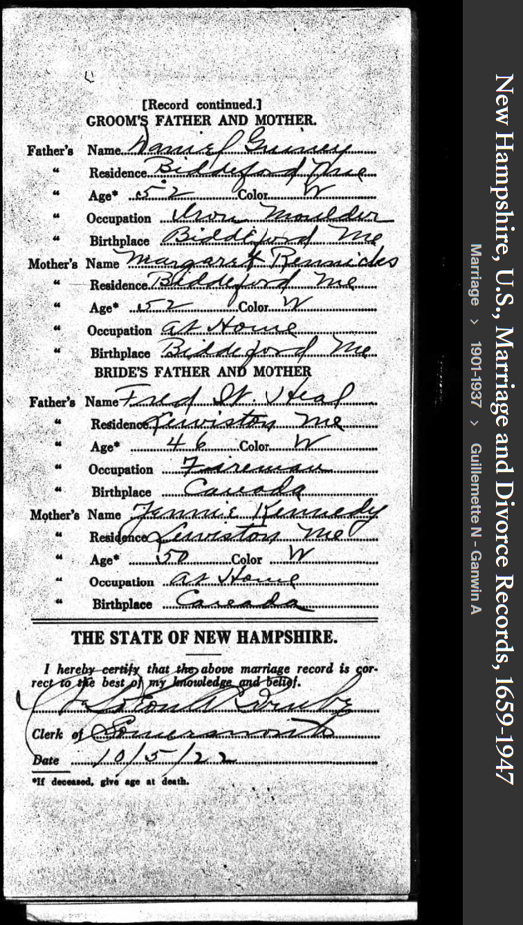 William Edward Guiney--New Hampshire, U.S., Marriage and Divorce Records, 1659-19471st marriage- back