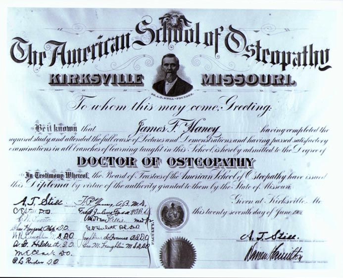 James Ford Haney's Diploma 1901 Kirksville, MO