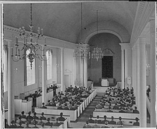 Schools. Hotchkiss School, chapel with students, from...