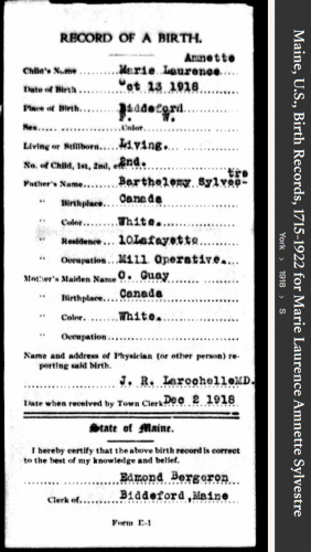 Marie Laurence 'Annette' Sylvestre-Honan--Maine, U.S., Birth Records, 1715-1922(1918)
