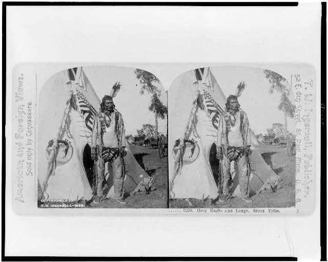 Grey Eagle and lodge, Sioux Tribe