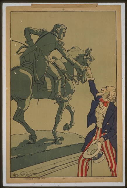 [Uncle Sam shaking hands with the marquis de Lafayette...
