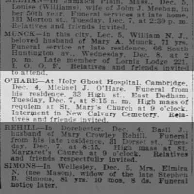 Michael John Hehir--Obituary Boston, MA 6 dec 1920