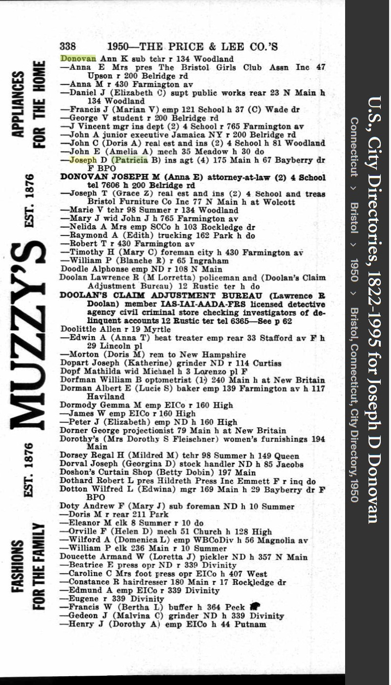 Joseph Dickert Donovan--U.S., City Directories, 1822-1995(1950)