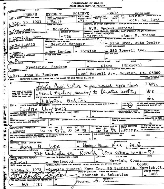 Herman Rosiene Death Cert 