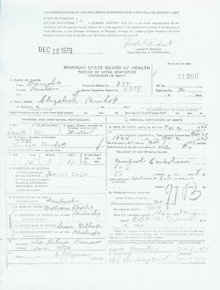 Elizabeth Sparks Death Certificate