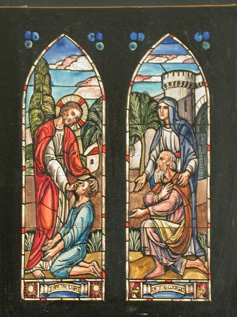 [Design drawing for stained glass window showing "I Am...