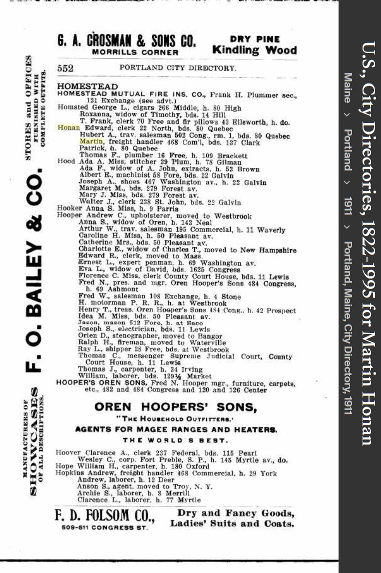 Martin Matthew Honan  Sr--U.S., City Directories, 1822-1995(1911)
