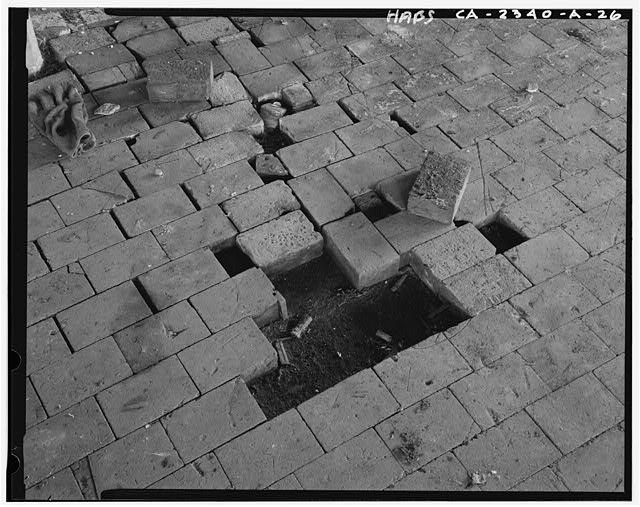 Detail of wood block flooring, first floor interior of...