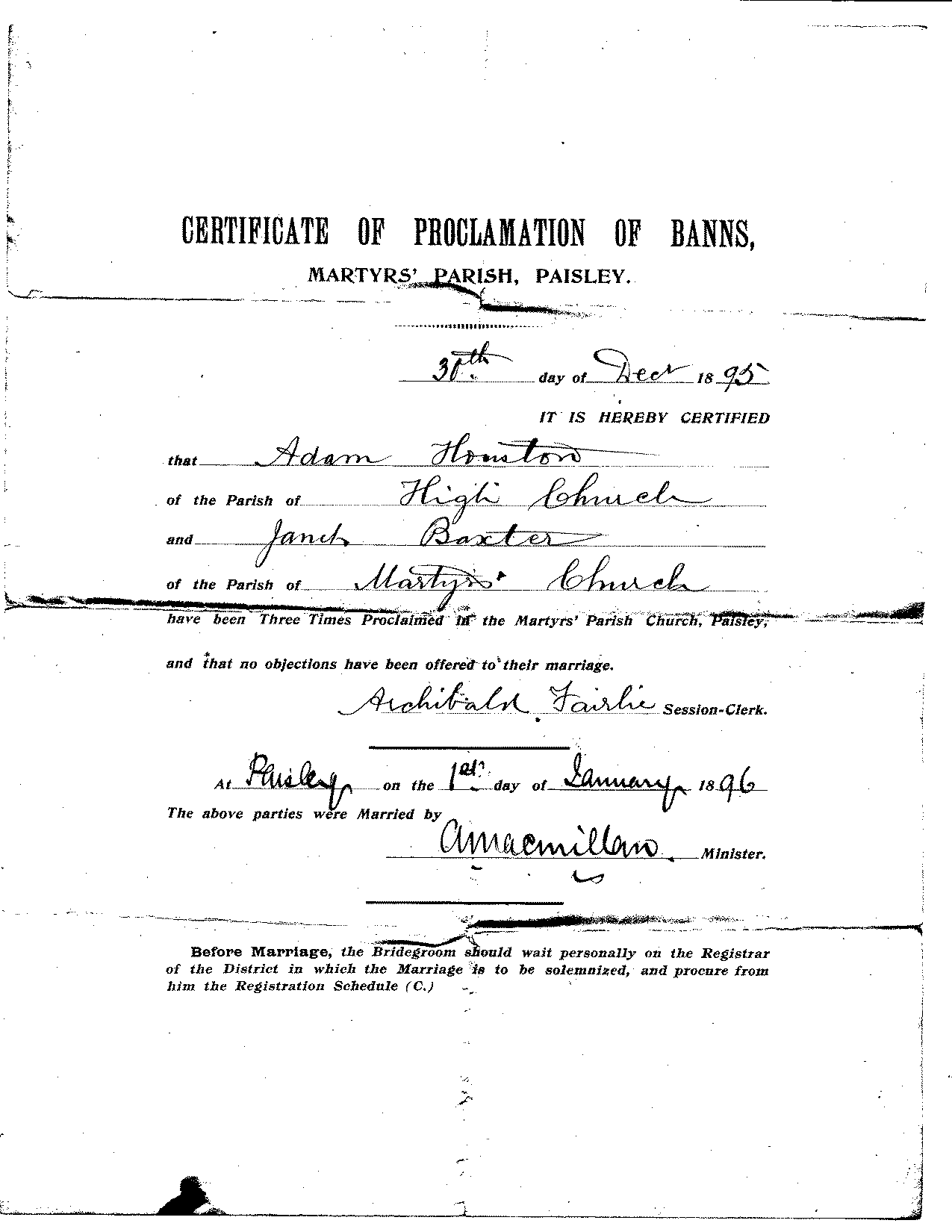 Houston-Baxter Certificate of Proclamation of Banns