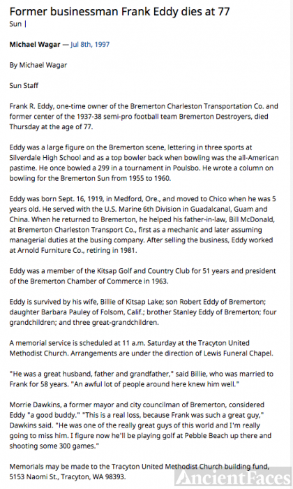 Frank R Eddy Obituary