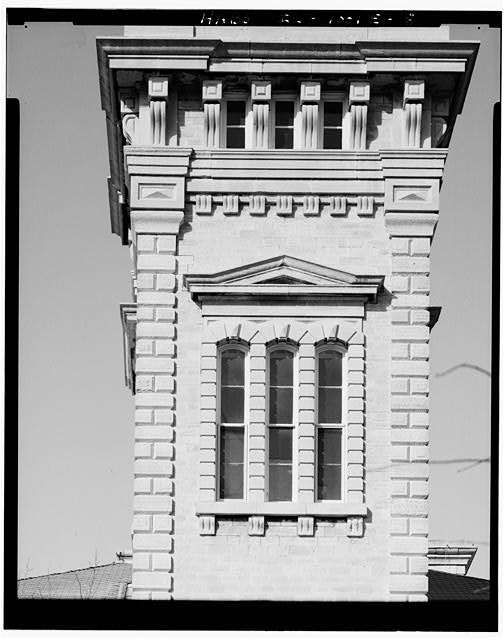 8. Tower detail, showing pedimented windows and brackets;...