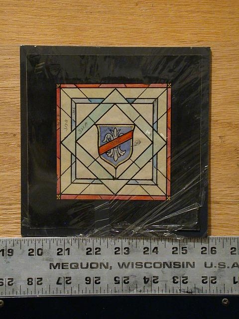 [Design drawing for stained glass window with shield/crest]