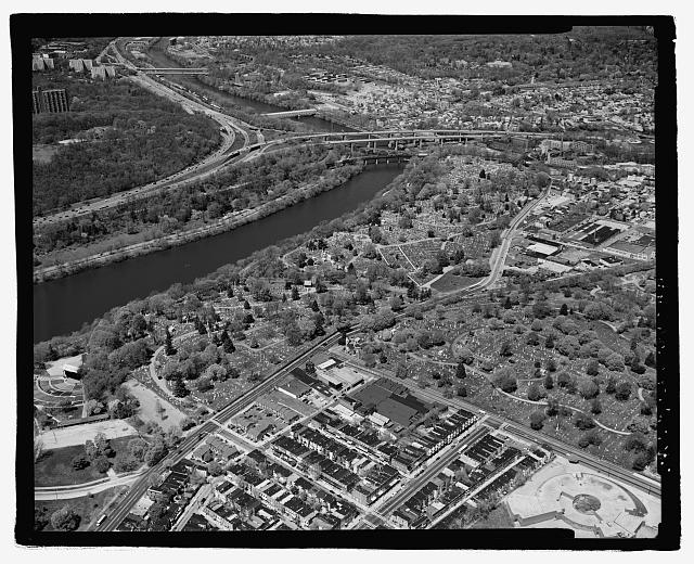 AERIAL VIEW, LAUREL HILL CEMETERY (LEFT) AND MOUNT PEACE...