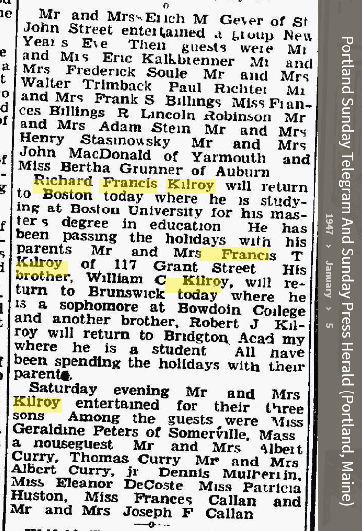 Richard Francis Kilroy--Portland Press Herald (Portland, Maine) (5 jan 1947)