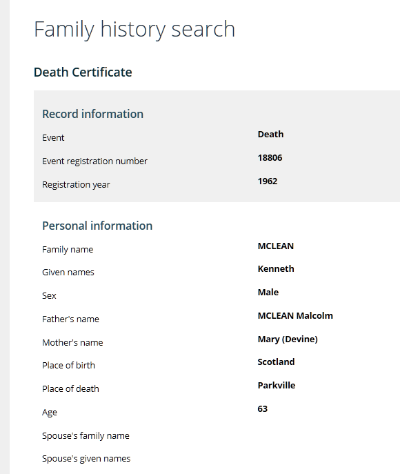Kenneth McLean death record
