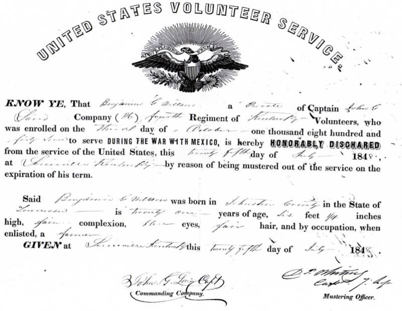 Benjamin G Willson Mexican War Honorable Discharge