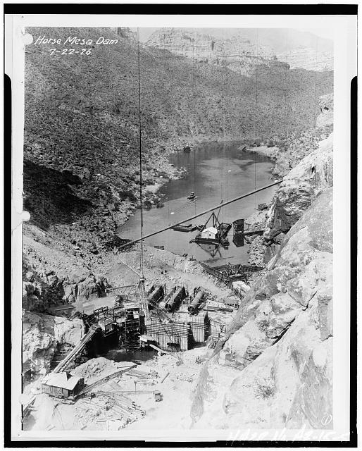 5. VIEW SHOWING HORSE MESA DAM UNDER CONSTRUCTION. THREE...