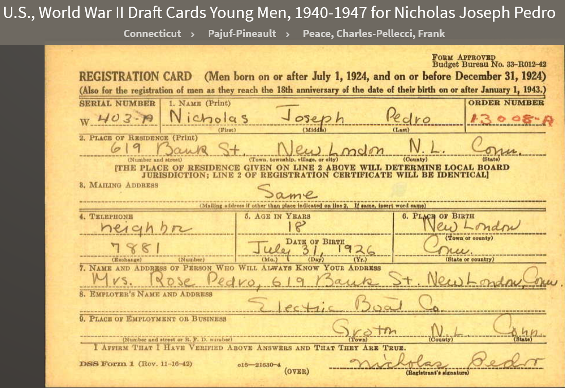 Nicholas Joseph Pedro--U.S., World War II Draft Cards Young Men, 1940-1947 front