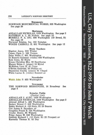 John Patrick Welch --U.S., City Directories, 1822-1995(1931)business