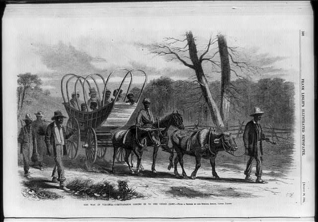 The war in Virginia - contrabands coming in to the Union...