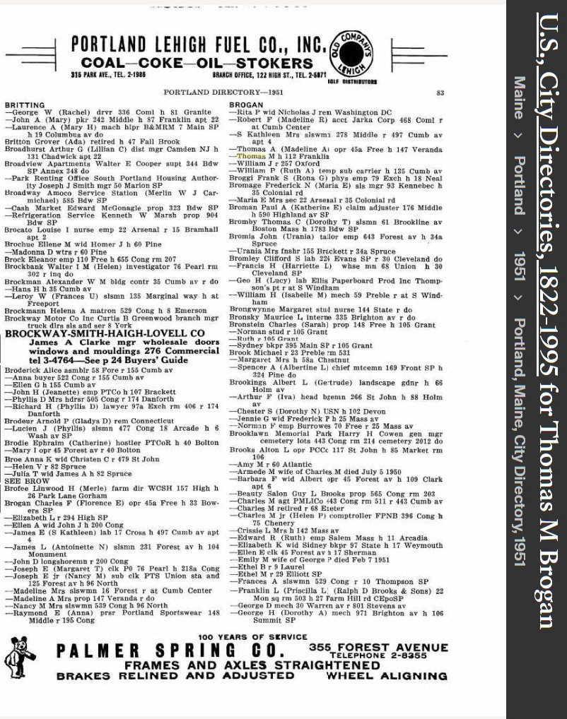 Thomas Michael Brogan --U.S., City Directories, 1822-1995(1951)