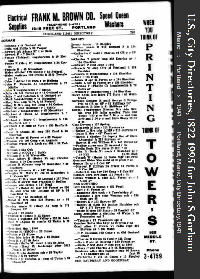 John Stephen Gorham Sr--U.S., City Directories, 1822-1995(1941)