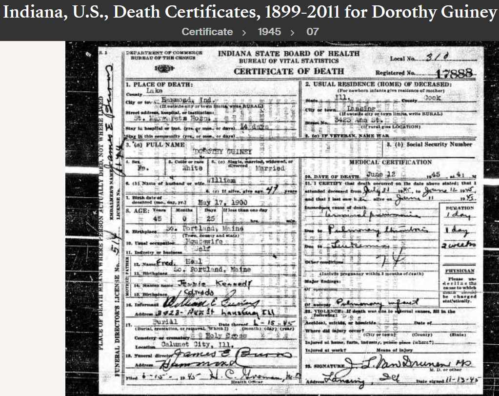 Dorothy Rae Heal-Guiney--Indiana, U.S., Death Certificates, 1899-2011(1945)
