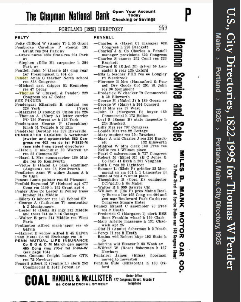 Thomas William Pender Sr --U.S., City Directories, 1822-1995(1925)