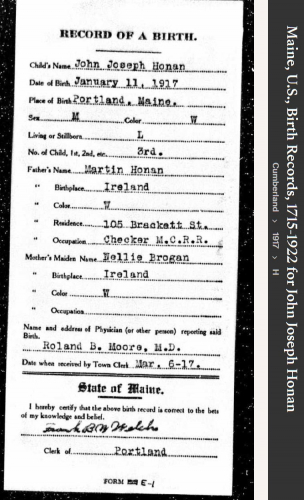 John Joseph Honan--Maine, U.S., Birth Records, 1715-1922(1917)