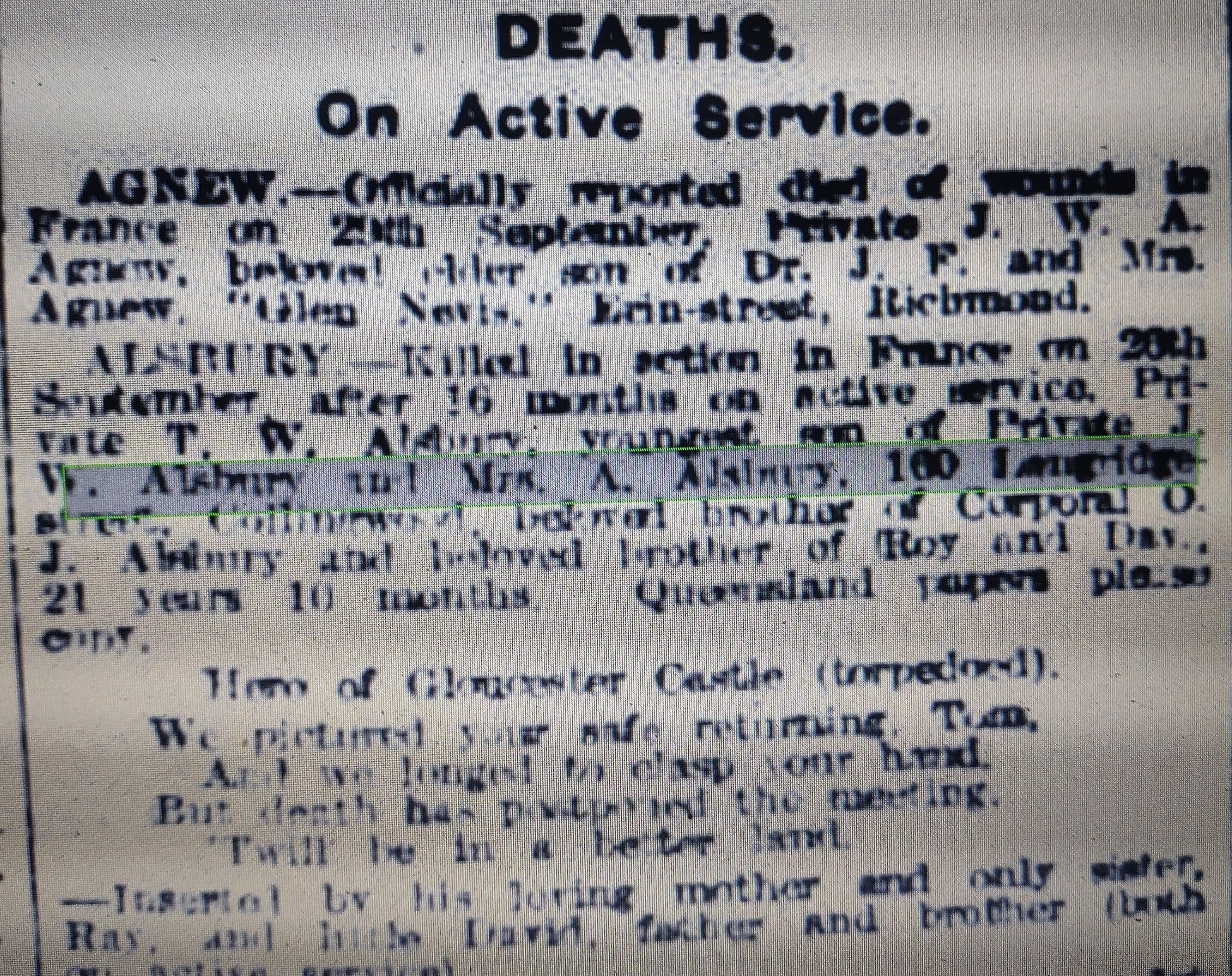 Australian Newspaper Death notice for Thomas William Asbury a.k.a. Pro Boxer "Lal Buisst" 