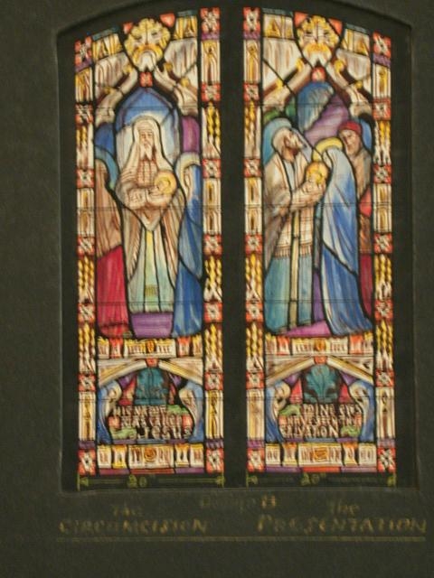 [Design drawing for stained glass window with The...