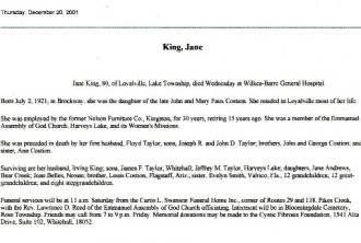 Obituary for Jane Costion Taylor King 2001