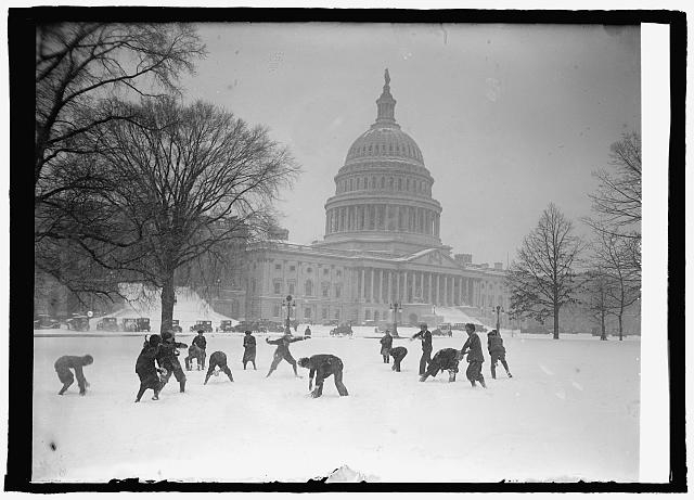 Senate pages in snow ball battle at Capitol, [Washington,...