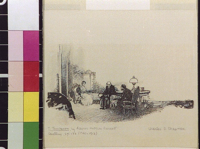 [Two men and a woman talking in parlor]