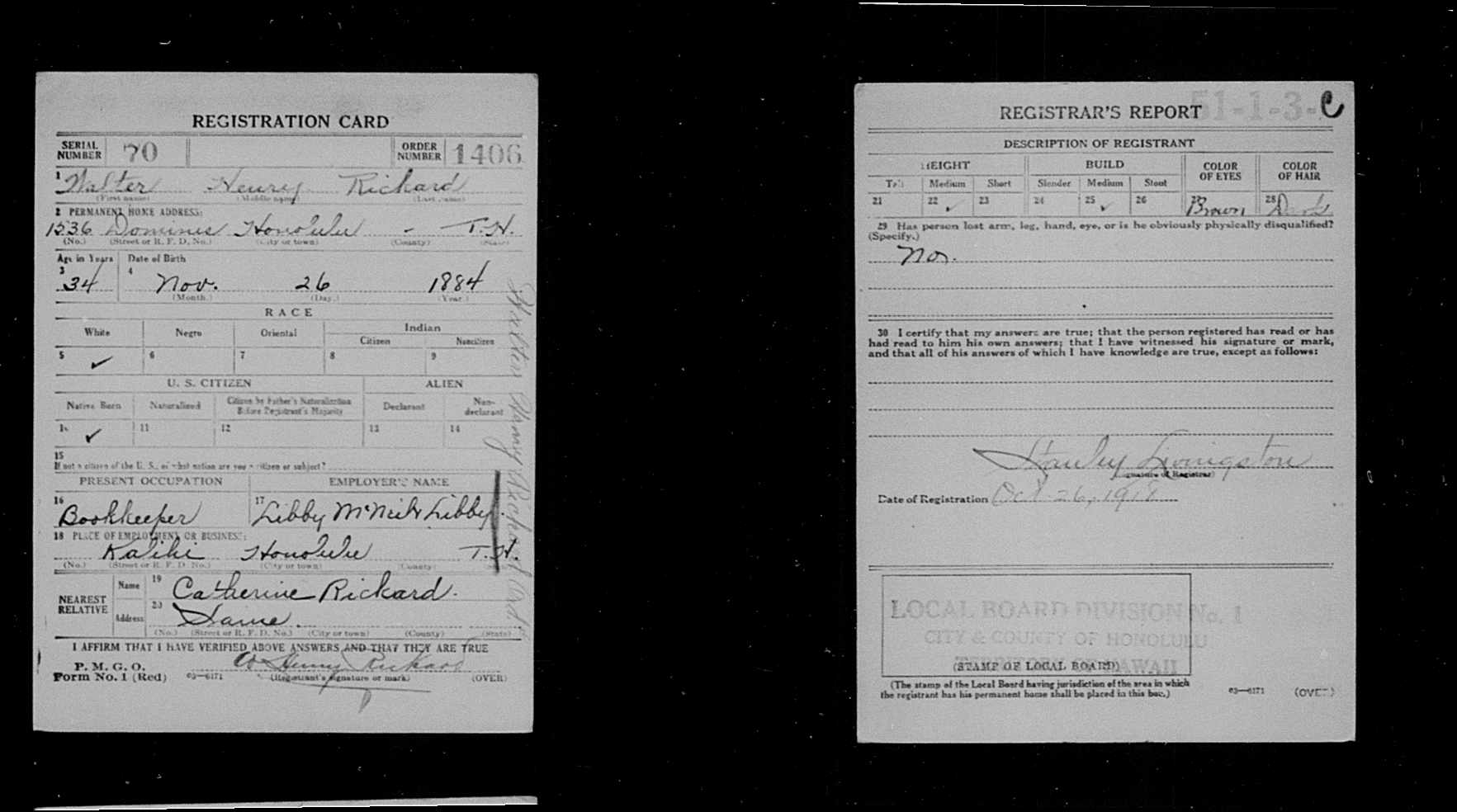  Walter Henry Rickard's military registration card's