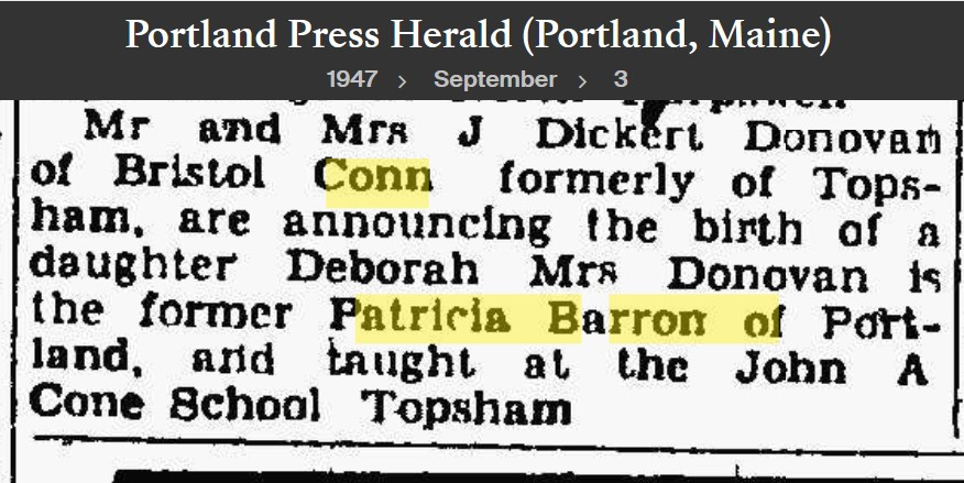 Patricia Collins (Barron) Donovan--Portland Press Herald (Portland, Maine)(3 sep 1947)