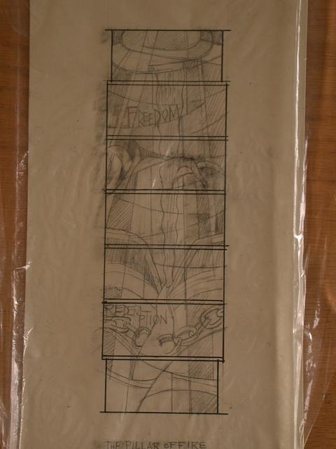 [Design drawing for stained glass window with text...