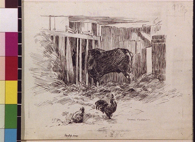 [Interior of a barn with cow and chickens]