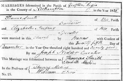 Marriage Certificate of THOMAS SMITH and ELIZABETH MEEKINS 1825
