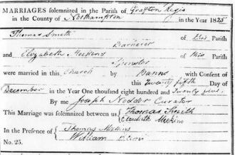 Marriage Certificate of THOMAS SMITH and ELIZABETH MEEKINS 1825
