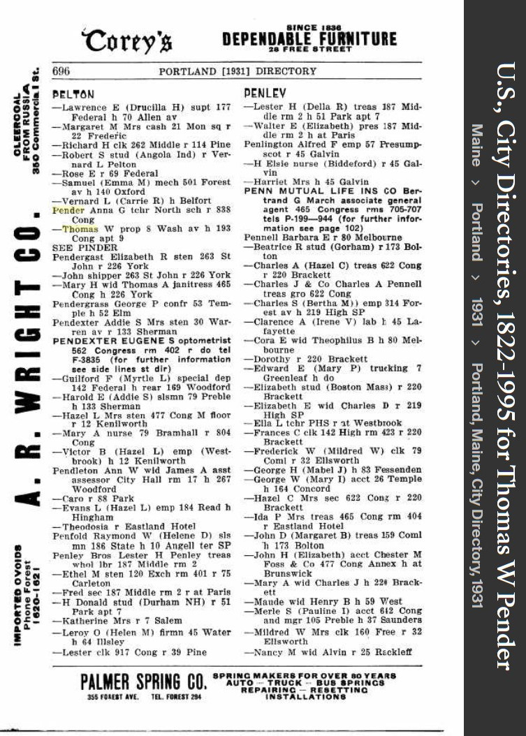 Thomas William Pender Sr --U.S., City Directories, 1822-1995(1931)