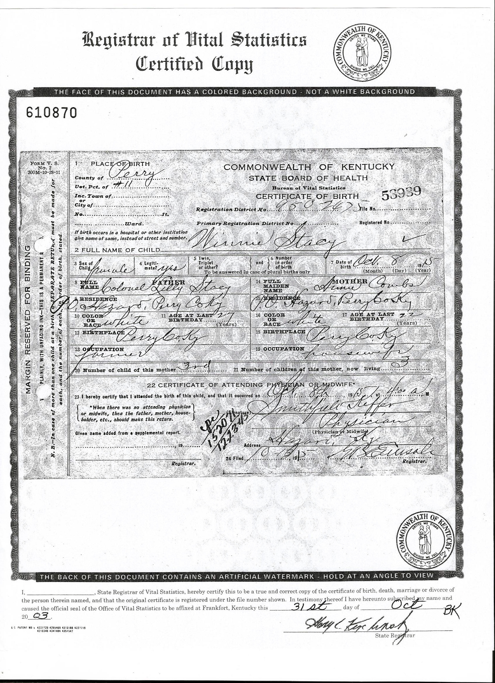 Winnie Stacy birth certificate