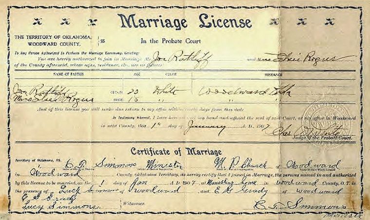 Marriage certificate for Joe RATLIFF & Elsie ROGER